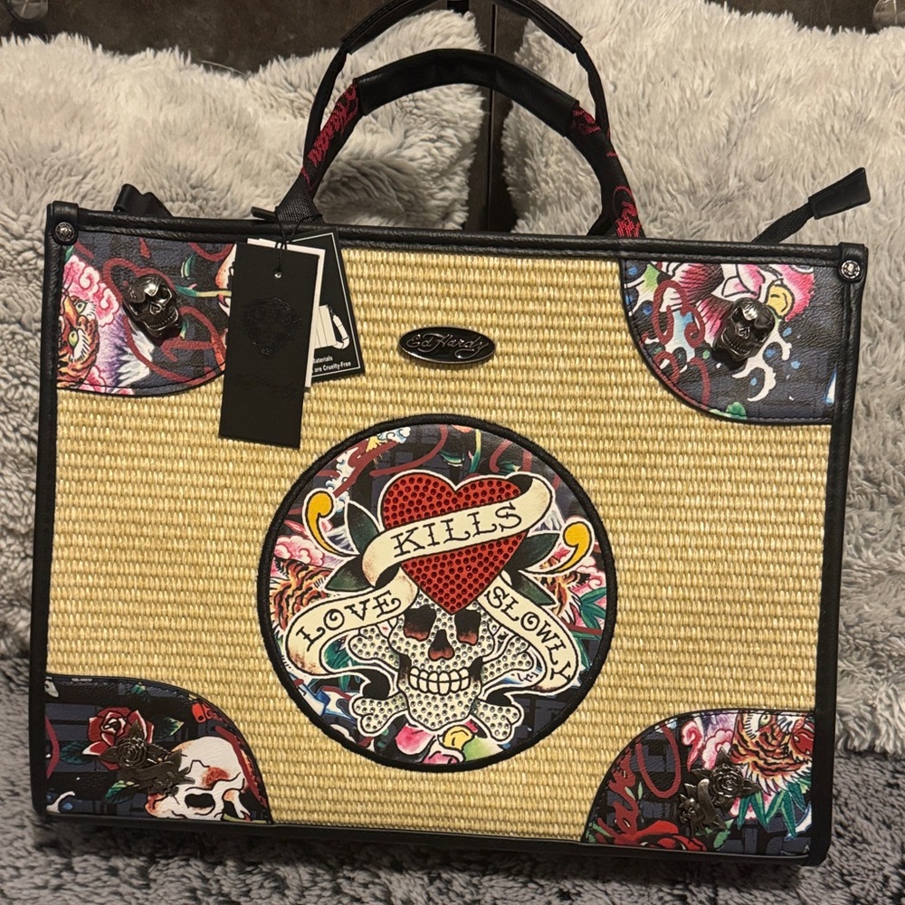 Ed Hardy Skull Design Tote with Black and Tan Accents
